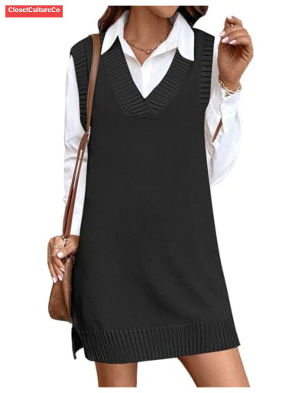Sleeveless V-Neck Sweater Vest Dress Oversized Knit Mini